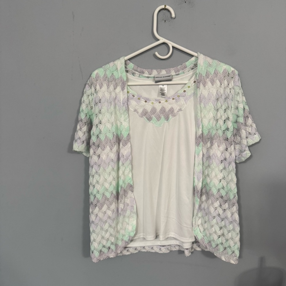 Alfred Dunner Mint Green Capris with Pastel Zigzag Cardigan Set